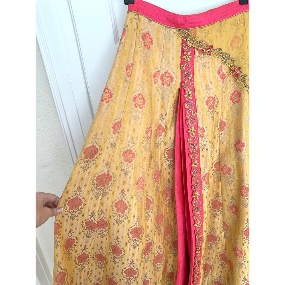 DEBYANI Luxury Indian Lehenga Skirt Mustard Yellow Chanderi Silk Size 32 S M - Picture 7 of 16